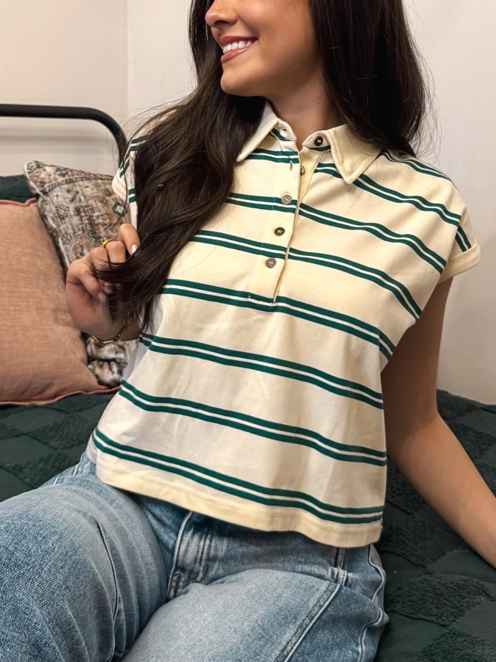 Vintage Collared Button-Up Striped Top